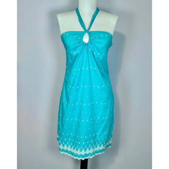 Vintage Tocca Mini Dress sz 2 Blue Embroidered Tie Neck - Picture 1 of 14